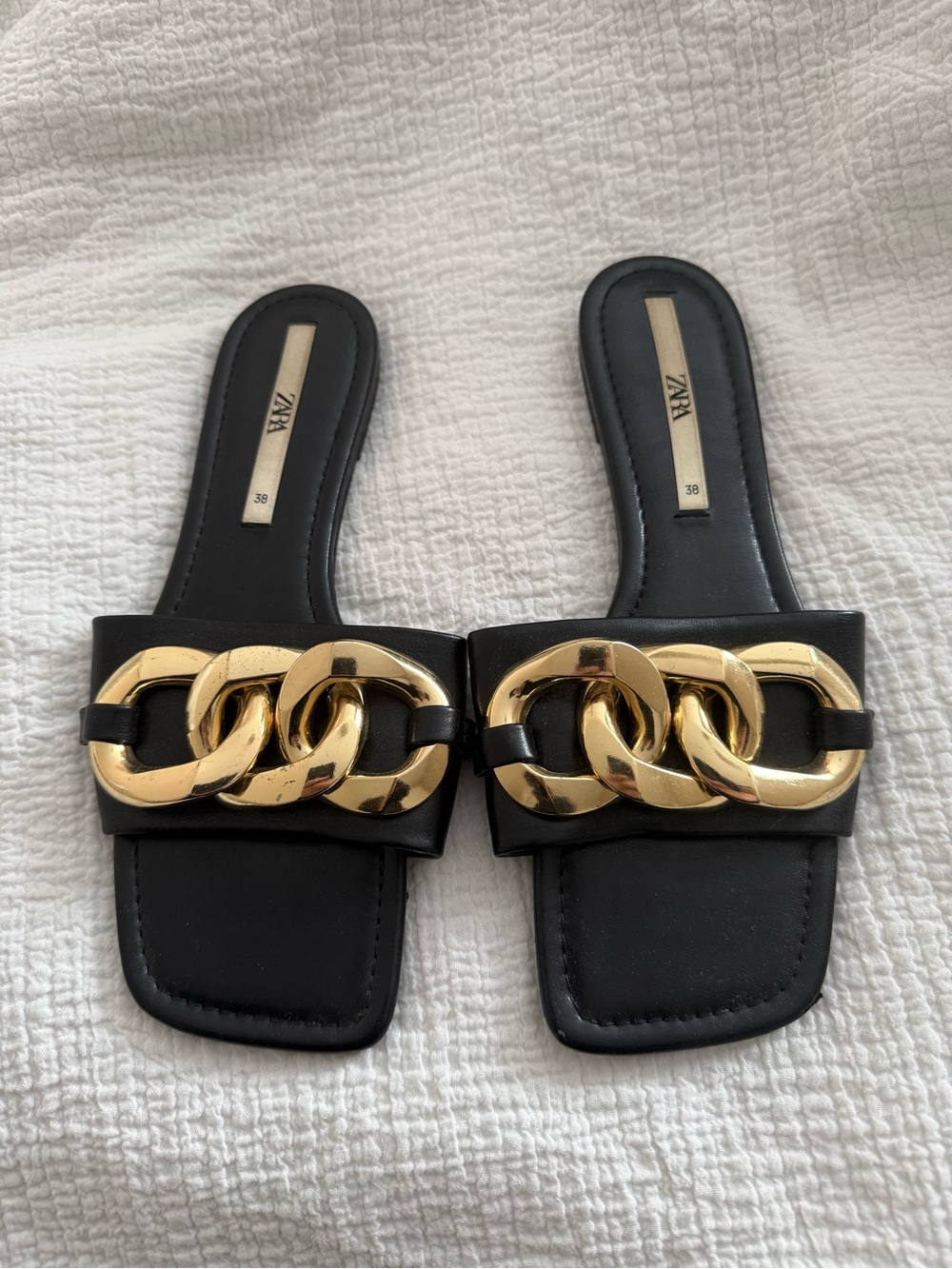 Zara Black Slide Sandals with Gold Chain Detail